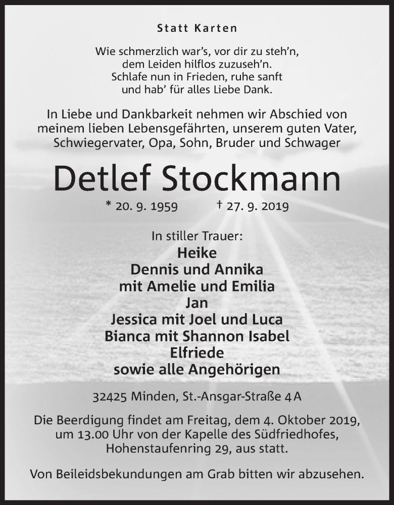  Traueranzeige für Detlef Stockmann vom 02.10.2019 aus Mindener Tageblatt