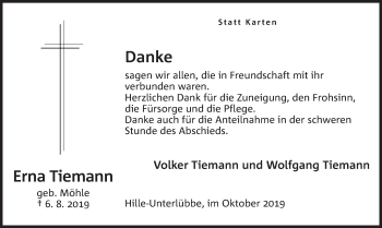 Anzeige von Erna Tiemann von Mindener Tageblatt