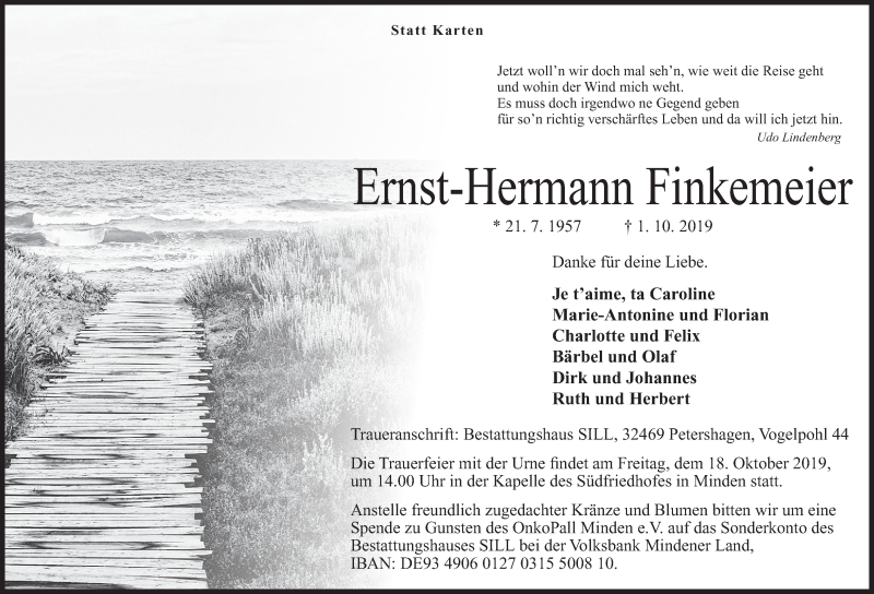  Traueranzeige für Ernst-Hermann Finkemeier vom 12.10.2019 aus Mindener Tageblatt