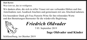 Anzeige von Friedrich Oldvader von Mindener Tageblatt