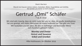 Anzeige von Gertrud Schäfer von Mindener Tageblatt