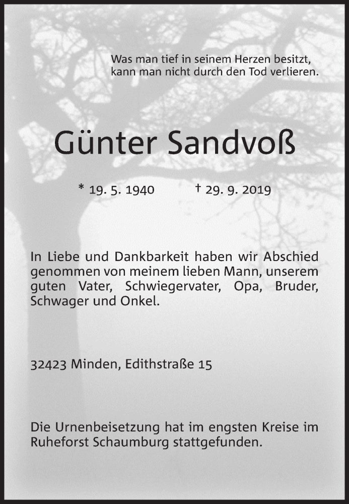  Traueranzeige für Günter Sandvoß vom 17.10.2019 aus Mindener Tageblatt