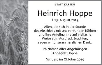 Anzeige von Heinrich Hoppe von Mindener Tageblatt