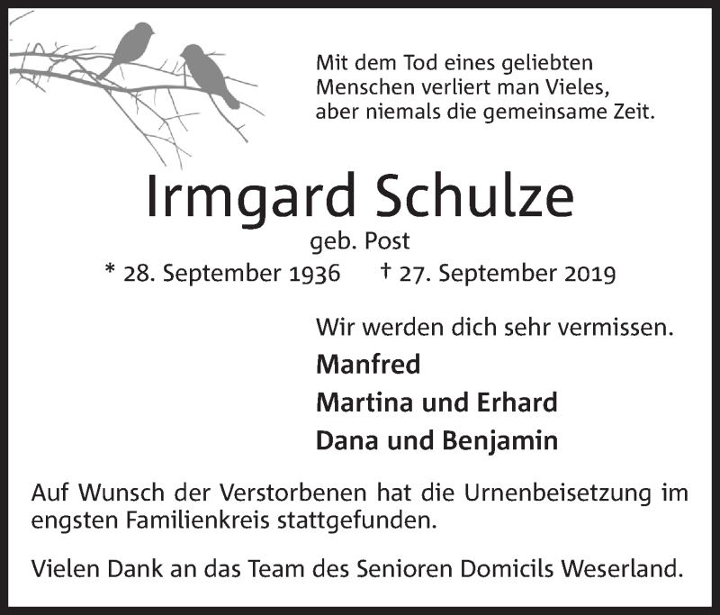  Traueranzeige für Irmgard Schulze vom 12.10.2019 aus Mindener Tageblatt