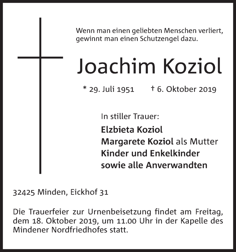  Traueranzeige für Joachim Koziol vom 12.10.2019 aus Mindener Tageblatt