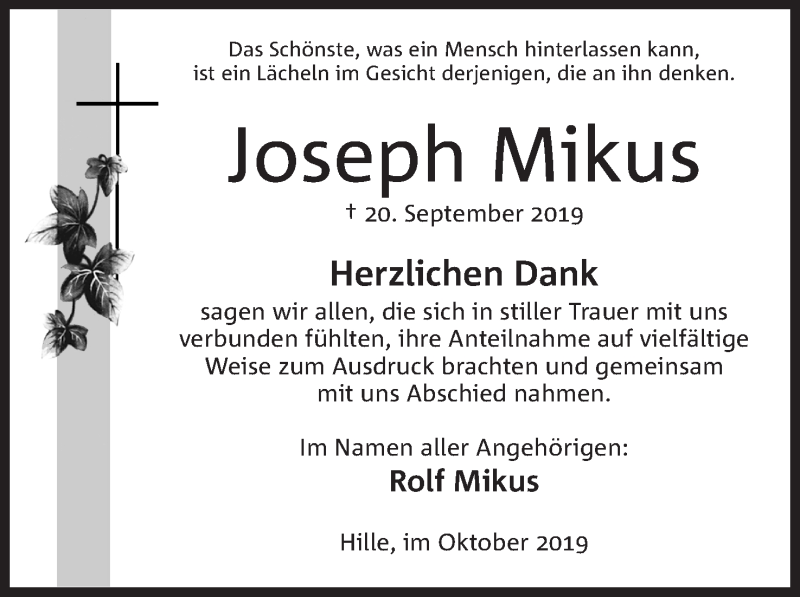  Traueranzeige für Joseph Mikus vom 26.10.2019 aus Mindener Tageblatt