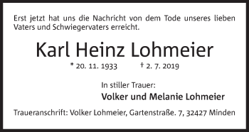 Anzeige von Karl Heinz Lohmeier von Mindener Tageblatt