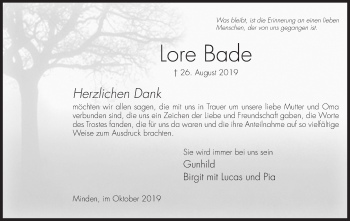 Anzeige von Lore Bade von Mindener Tageblatt