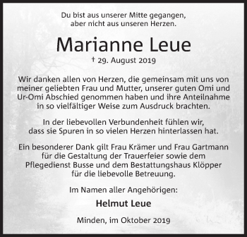 Anzeige von Marianne Leue von Mindener Tageblatt