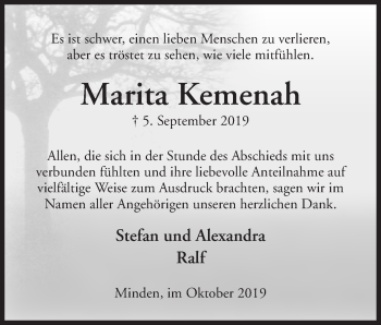 Anzeige von Marita Kemenah von Mindener Tageblatt