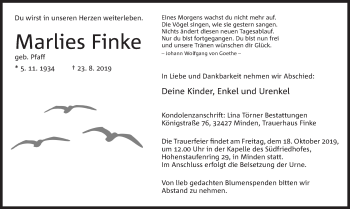 Anzeige von Marlies Finke von Mindener Tageblatt