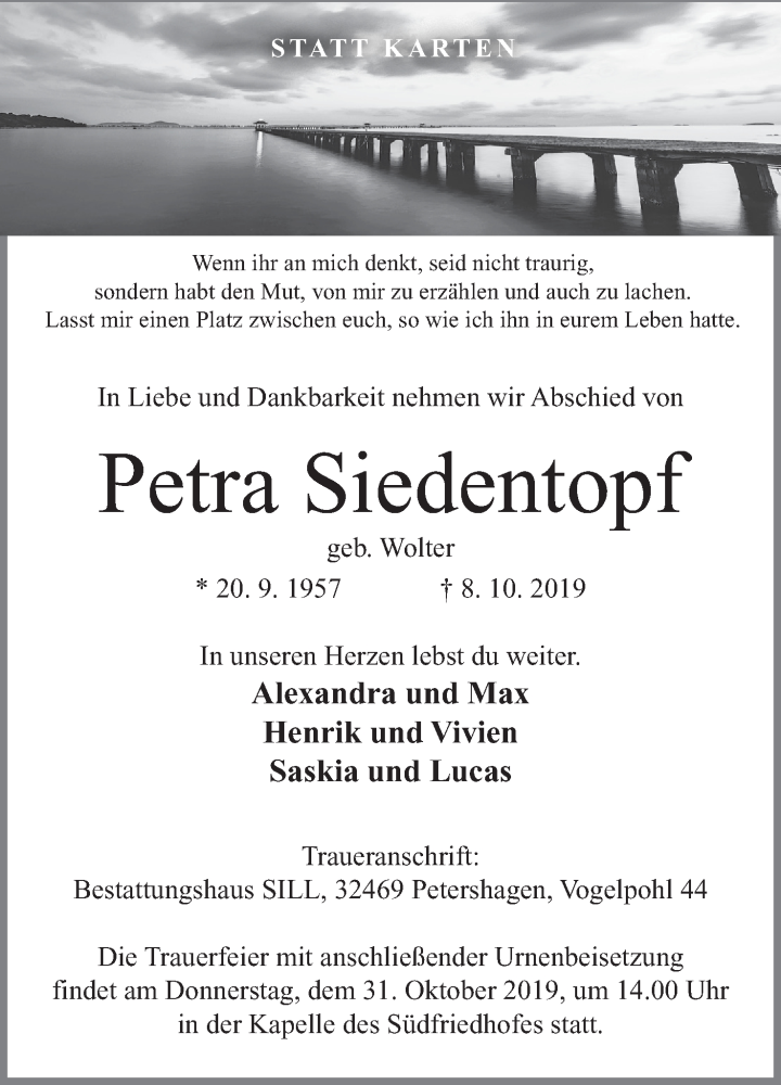  Traueranzeige für Petra Siedentopf vom 26.10.2019 aus Mindener Tageblatt