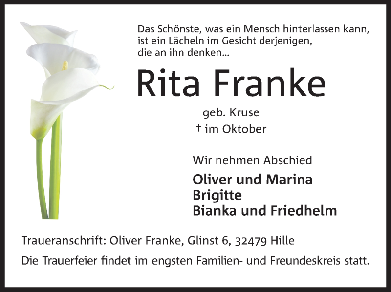  Traueranzeige für Rita Franke vom 05.10.2019 aus Mindener Tageblatt