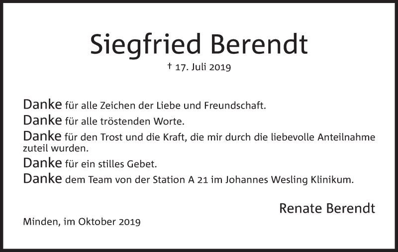  Traueranzeige für Siegfried Berendt vom 12.10.2019 aus Mindener Tageblatt