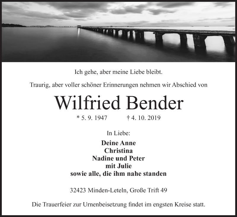  Traueranzeige für Wilfried Bender vom 07.10.2019 aus Mindener Tageblatt