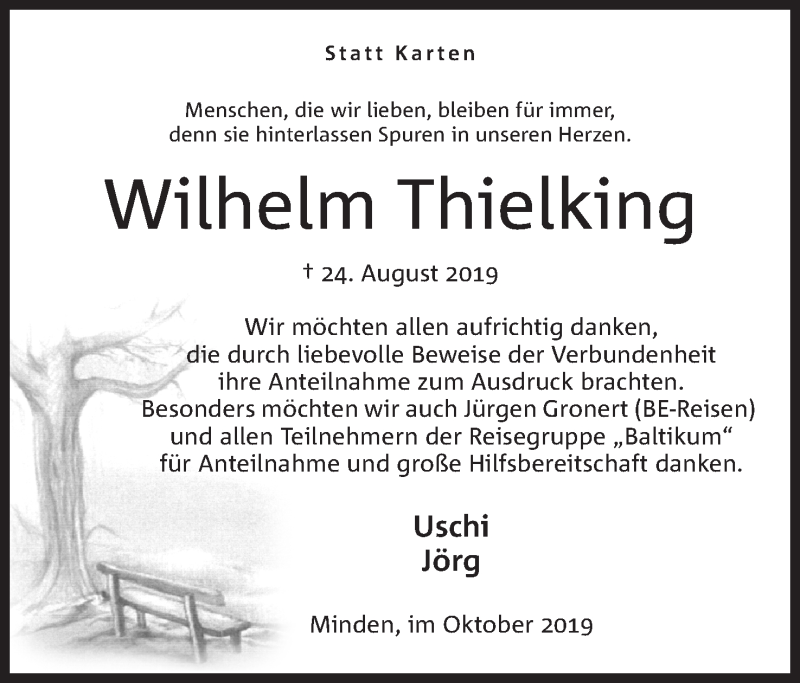  Traueranzeige für Wilhelm Thielking vom 19.10.2019 aus Mindener Tageblatt