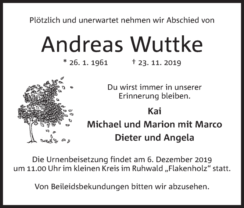  Traueranzeige für Andreas Wuttke vom 30.11.2019 aus Mindener Tageblatt