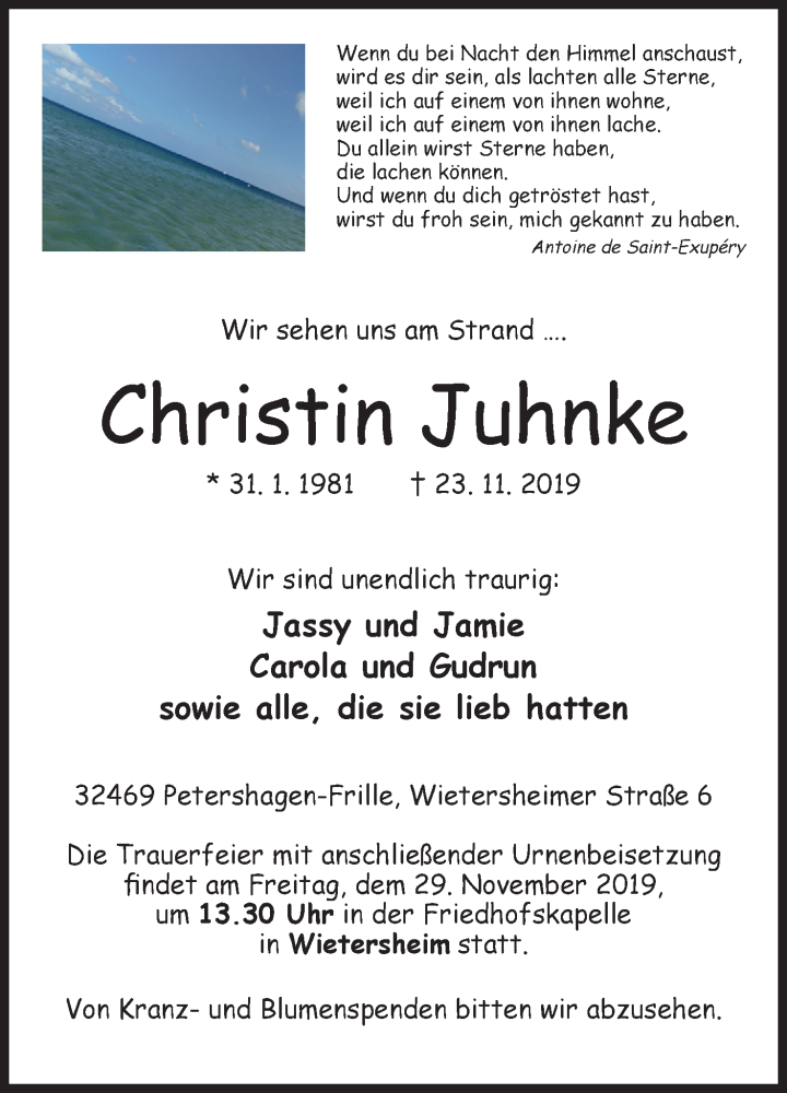  Traueranzeige für Christin Juhnke vom 26.11.2019 aus Mindener Tageblatt