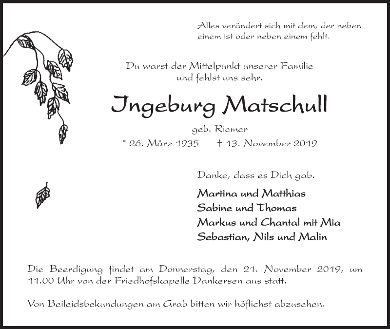  Traueranzeige für Ingeburg Matschull vom 16.11.2019 aus Mindener Tageblatt