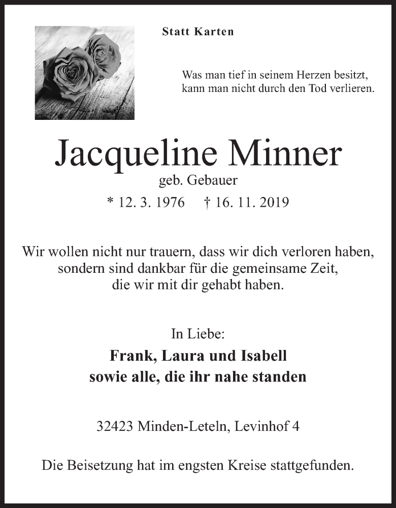  Traueranzeige für Jacqueline Minner vom 23.11.2019 aus Mindener Tageblatt