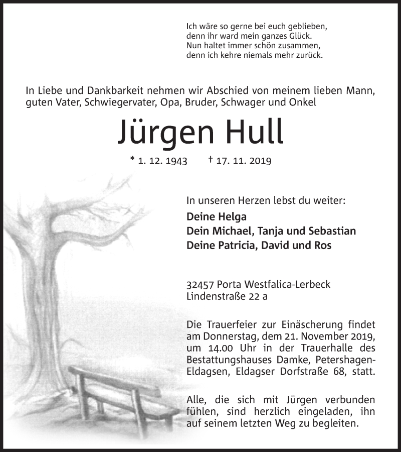  Traueranzeige für Jürgen Hull vom 19.11.2019 aus Mindener Tageblatt