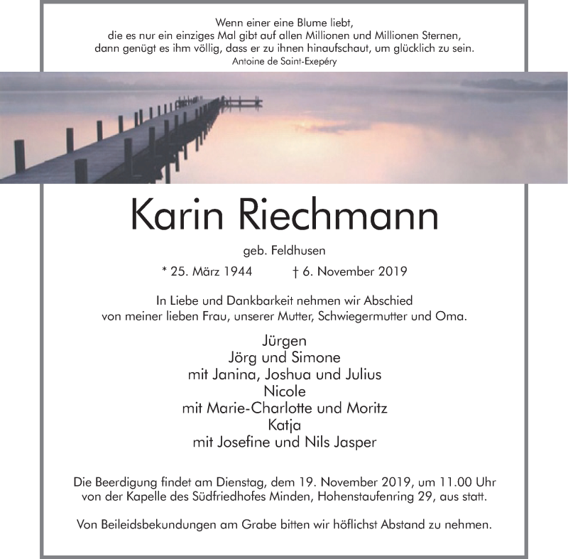  Traueranzeige für Karin Riechmann vom 13.11.2019 aus Mindener Tageblatt
