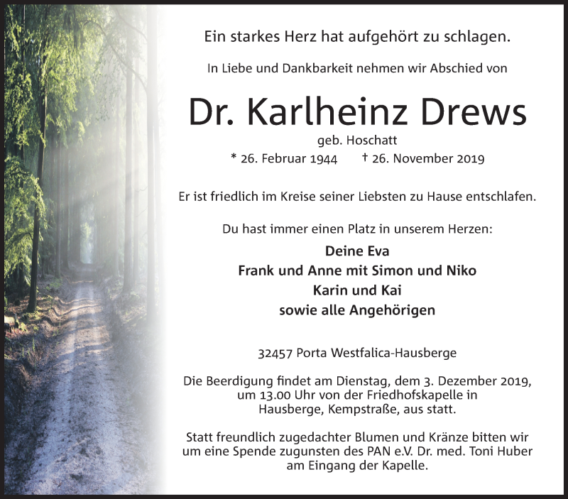  Traueranzeige für Karlheinz Drews vom 30.11.2019 aus Mindener Tageblatt