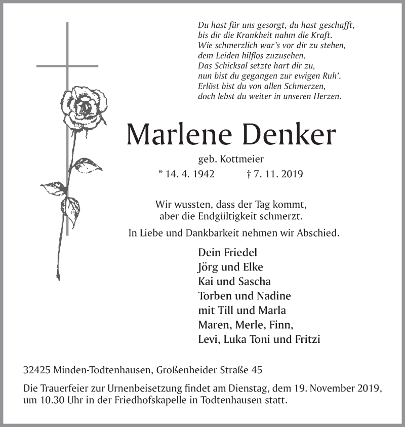  Traueranzeige für Marlene Denker vom 12.11.2019 aus Mindener Tageblatt