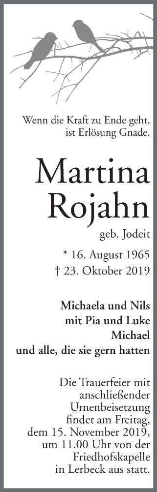  Traueranzeige für Martina Rojahn vom 01.11.2019 aus Mindener Tageblatt