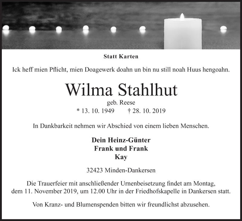  Traueranzeige für Wilma Stahlhut vom 06.11.2019 aus Mindener Tageblatt
