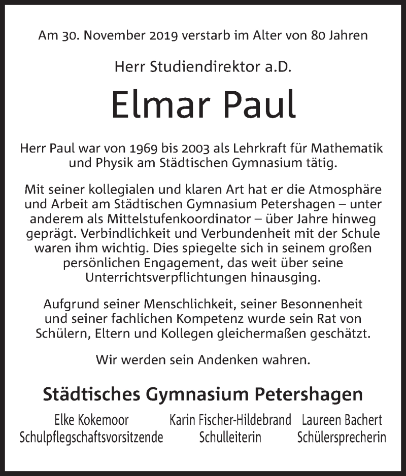  Traueranzeige für Elmar Paul vom 07.12.2019 aus Mindener Tageblatt