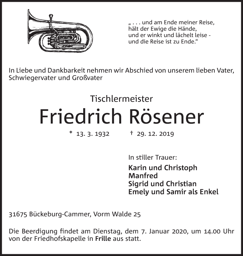  Traueranzeige für Friedrich Rösener vom 31.12.2019 aus Mindener Tageblatt