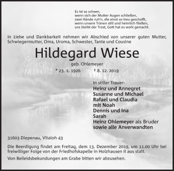 Anzeige von Hildegard Wiese von Mindener Tageblatt