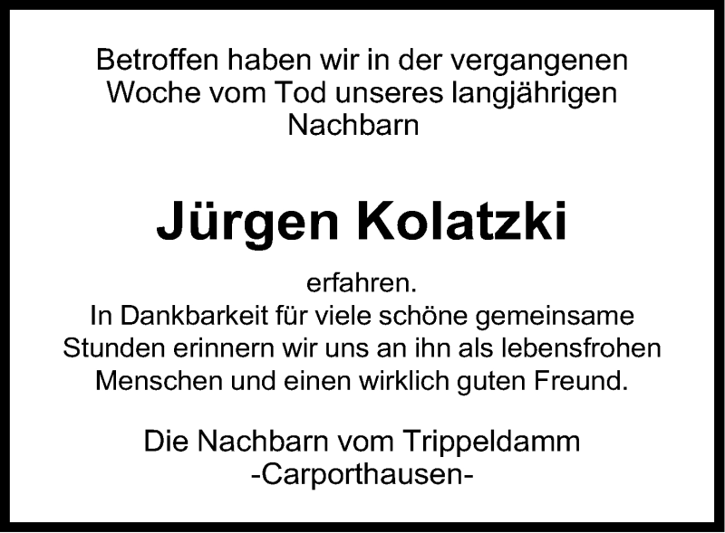  Traueranzeige für Jürgen Kolatzki vom 11.12.2019 aus Mindener Tageblatt