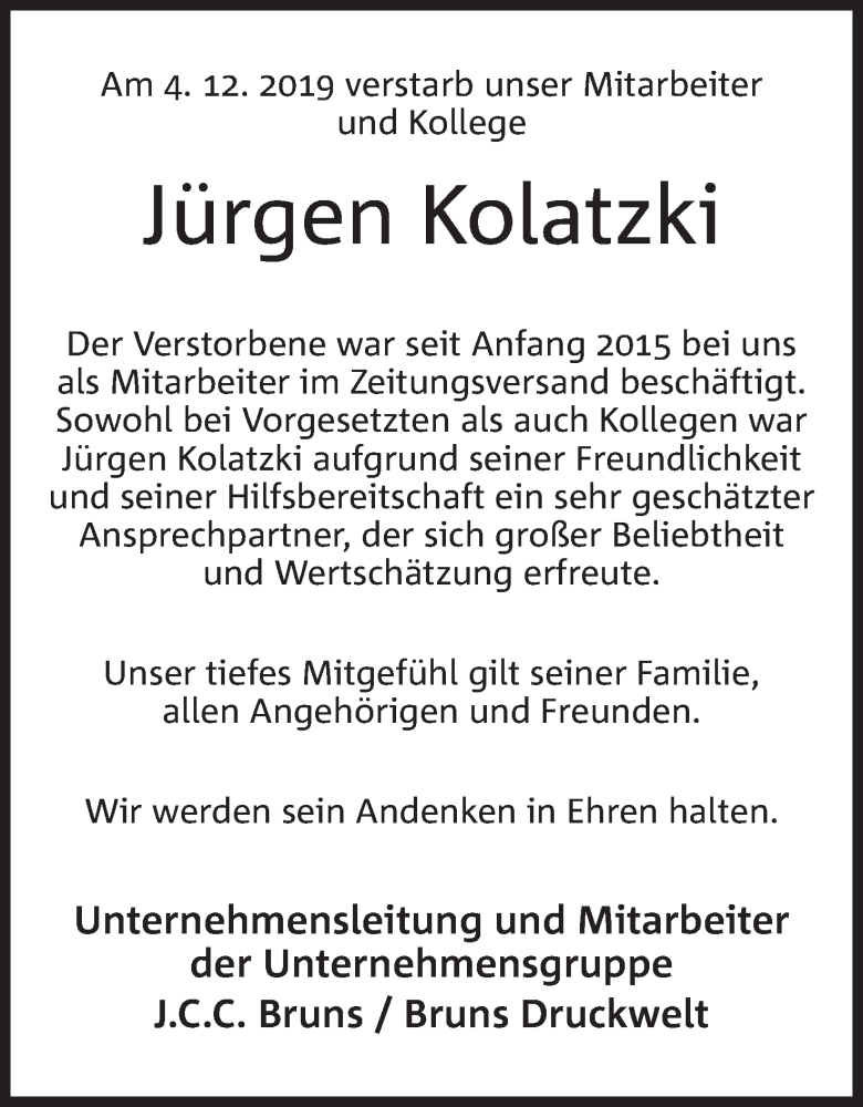  Traueranzeige für Jürgen Kolatzki vom 07.12.2019 aus Mindener Tageblatt