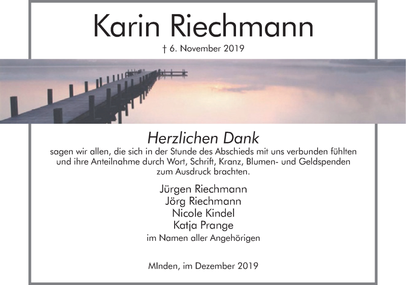  Traueranzeige für Karin Riechmann vom 14.12.2019 aus Mindener Tageblatt