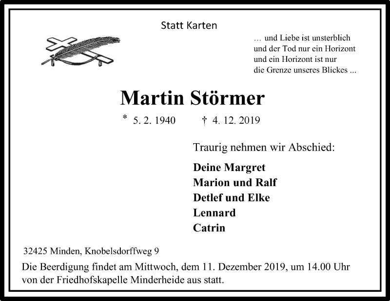  Traueranzeige für Martin Störmer vom 07.12.2019 aus Mindener Tageblatt