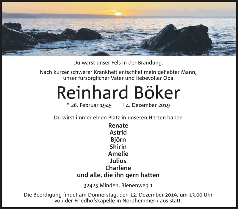  Traueranzeige für Reinhard Böker vom 07.12.2019 aus Mindener Tageblatt