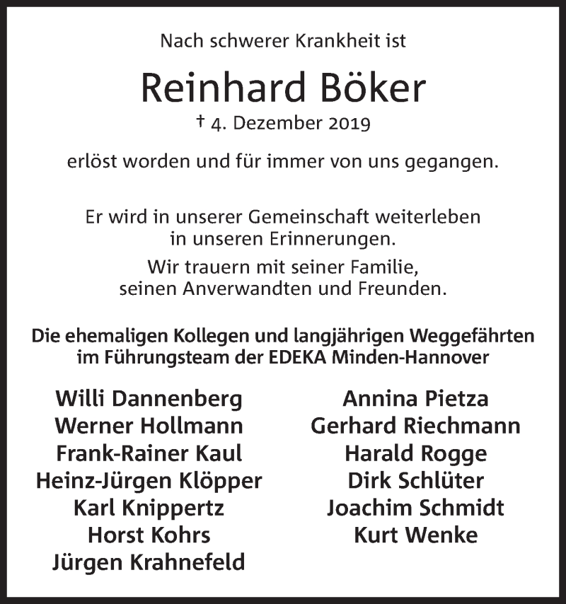  Traueranzeige für Reinhard Böker vom 09.12.2019 aus Mindener Tageblatt