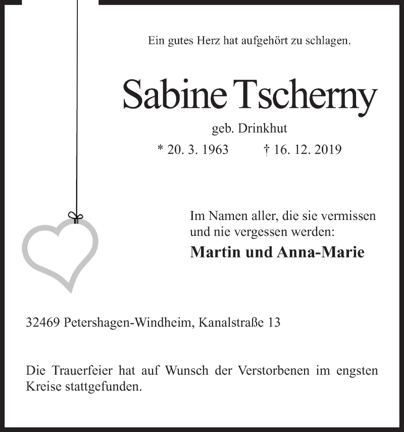  Traueranzeige für Sabine Tscherny vom 21.12.2019 aus Mindener Tageblatt
