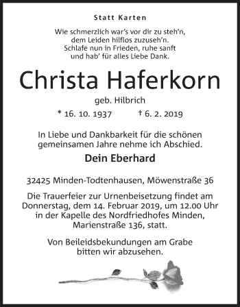 Anzeige von Christa Haferkorn von Mindener Tageblatt