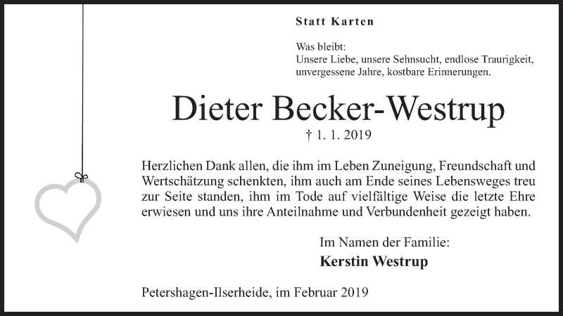  Traueranzeige für Dieter Becker-Westrup vom 09.02.2019 aus Mindener Tageblatt