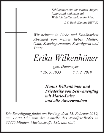 Anzeige von Erika Wilkenhöner von Mindener Tageblatt