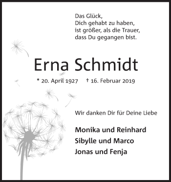 Anzeige von Erna Schmidt von Mindener Tageblatt