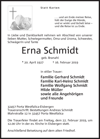 Anzeige von Erna Schmidt von Mindener Tageblatt