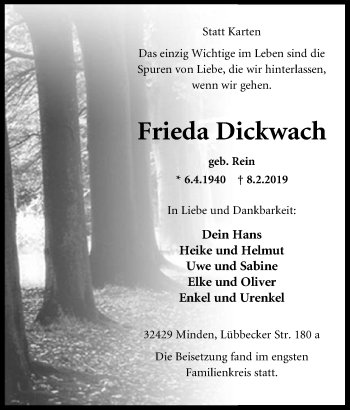 Anzeige von Frieda Dickwach von Mindener Tageblatt