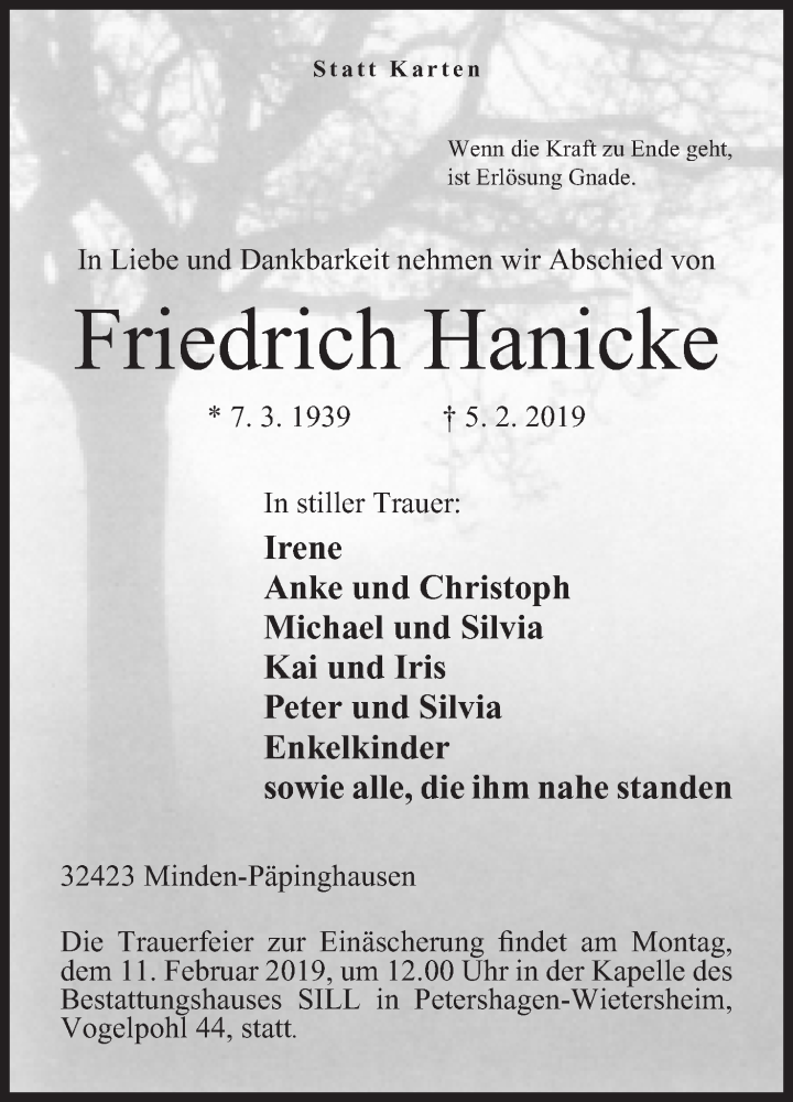  Traueranzeige für Friedrich Hanicke vom 07.02.2019 aus Mindener Tageblatt