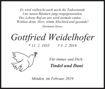 Anzeige von Gottfried Weidelhofer von Mindener Tageblatt