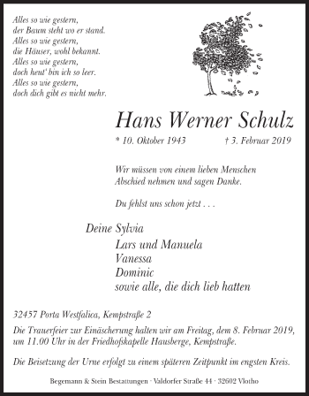 Anzeige von Hans Werner Schulz von Mindener Tageblatt