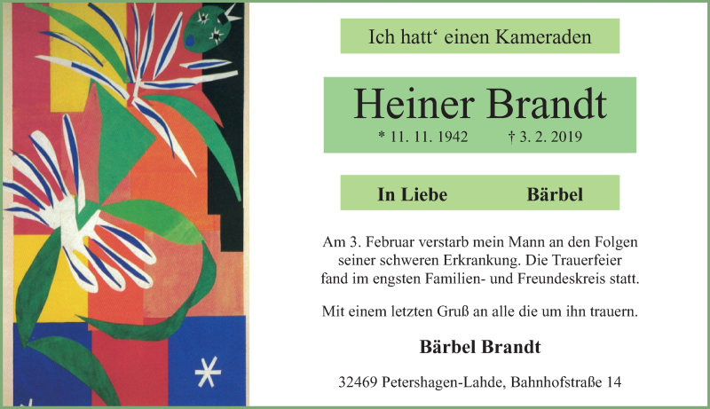  Traueranzeige für Heiner Brandt vom 16.02.2019 aus Mindener Tageblatt